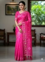 Soft Half Silk Jamdani Print Saree, নরম হাফ সিল্ক জামদানি প্রিন্ট শাড়ি। MNK SHOP - Image 3