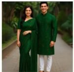 Vibrant Color Contrast Eid Special Couple Saree Panjabi Combo | চমৎকার কালার কম্বিনেশন ঈদ স্পেশাল কাপল ড্রেস । MNK SHOP - Image 2
