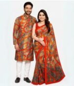 Vibrant Color Contrast Eid Special Couple Saree Panjabi Combo | চমৎকার কালার কম্বিনেশন ঈদ স্পেশাল কাপল ড্রেস । MNK SHOP - Image 12