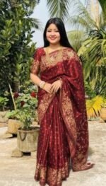 Rich Benaroshi Texture Japani Silk Skin Print Saree with Blouse Piece | অভিজাত বেনারসী টেক্সচার ট্রেন্ডি সিল্ক শাড়ি । MNK SHOP - Image 8