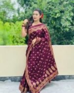 Rich Benaroshi Texture Japani Silk Saree with Blouse Piece Attire | অভিজাত বেনারসী টেক্সচার সুন্দর সিল্ক কালেকশন পোশাক । MNK SHOP - Image 16