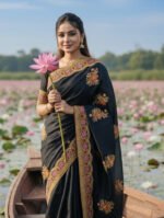 Designer Blouse Match Premium Embroidery Semi Moslin Saree | ডিজাইনার ব্লাউজ ম্যাচিং এলিগেন্ট শাড়ি । MNK SHOP - Image 2