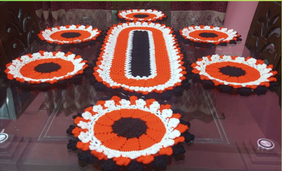 23164db5a0bb22228a424ec684982b49_2200x2200q80 7 Pieces Orange, Chocolate & White Crochet Table Mat Set with 30 Inch Table Runner | Handmade Dining Placemat Set | MNK SHOP - Image 1