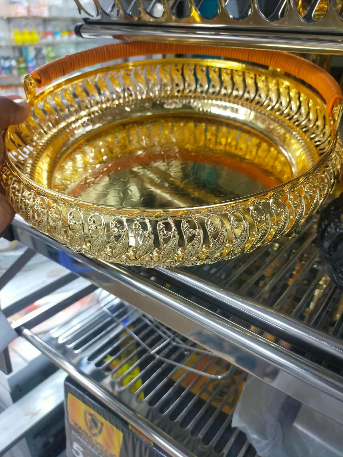 037bc6877680a8c2df1f8cf600fe2f10_2200x2200q80 Luxury Golden German Silver Pandan Tray | Gold Plated Decorative Gift Basket with Handle | Wedding Dala & Pan Dan Decor | MNK SHOP - Image 1