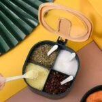 4 Grid Multi-Grid Spice Organizer Box | 4 Compartments Masala Box | Food-Grade PP/ABS | 4 Spoons Included | Dust-Proof Lid | Dark Green | MNK SHOP - Image 7
