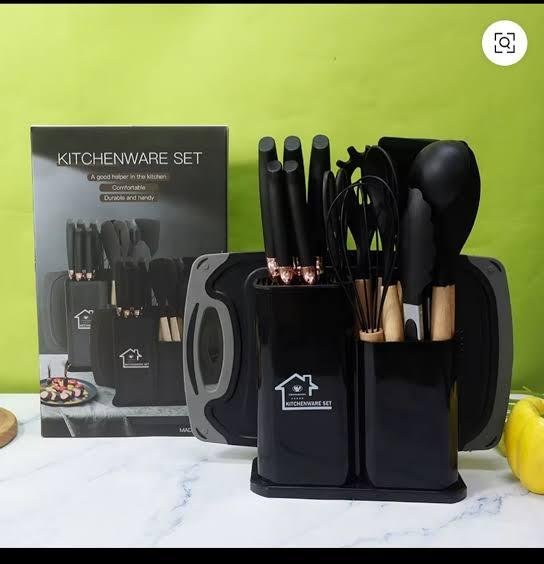 7e19532b79fd566572d5b579d41d892a_2200x2200q80 19-Piece Premium Silicone Kitchen Utensil & Knife Set | Food-Grade Silicone, 3Cr13 Stainless Steel ও Beechwood Handle | Dual Organizer | MNK SHOP - Image 1