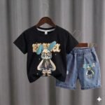 2-Piece Boys Casual Set | 100% Cotton Stacked Cartoon Cats Black T-Shirt with Shorts | MNK SHOP