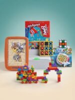 06 COMBO: 6-in-1 Kids Educational & Activity Toy Combo Pack | Electronic Intelligence Sound Book, Magic Slate, Tic-Tac-Toe, 3×3 Speed Cube, Building Blocks & Musical Fishing Game | MNK SHOP