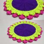12 Inch Pink, Yellow & Navy Blue Handmade Cotton Crochet Table Mat | Round Dining Placemat | MNK Shop - Image 2