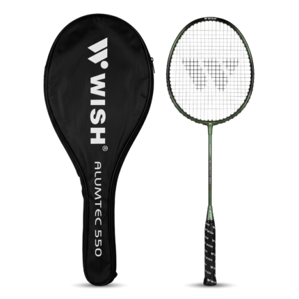 Wish Alumtec 550 Badminton Racket - Metallic Olive Green Shaft, Black Frame, Pre-Strung, Black Non-Slip Grip, Oval Zipper Head Bag | উইশ অ্যালুমটেক ৫৫০ ব্যাডমিন্টন র‍্যাকেট | MNK SHOP