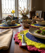 12 Inch Pink, Yellow & Navy Blue Handmade Cotton Crochet Table Mat | Round Dining Placemat | MNK Shop - Image 3
