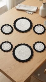 6 Pieces Black & White Crochet Table Mat Set 6 Inch & 9 Inch Handmade Dining Placemat | MNK Shop - Image 3