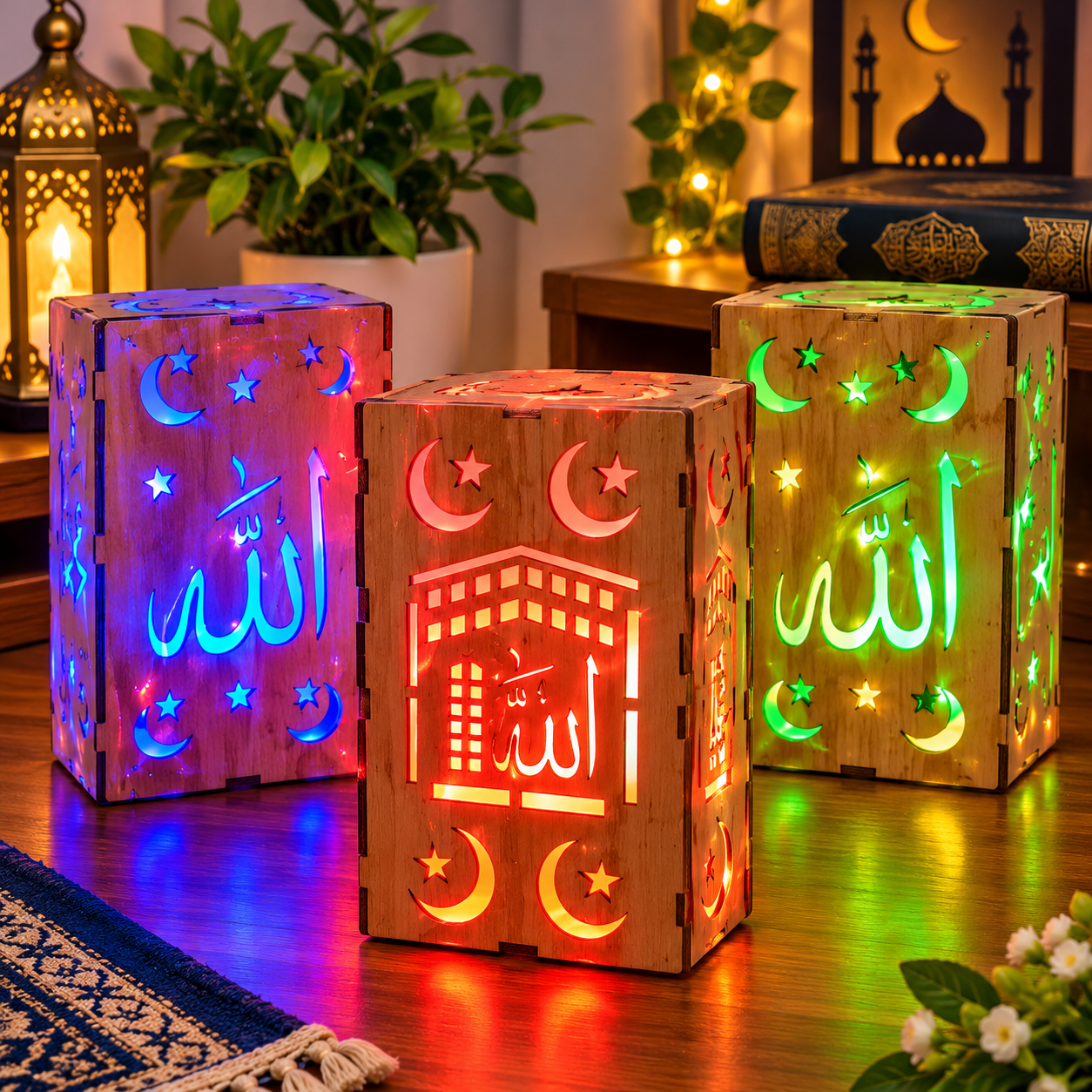 b0795e500527ee22c121b50734f7a085_2200x2200q80 Islamic Wooden Lantern Light | ইসলামিক ক্যালিগ্রাফির কাঠের লণ্ঠন | MNK SHOP - Image 1