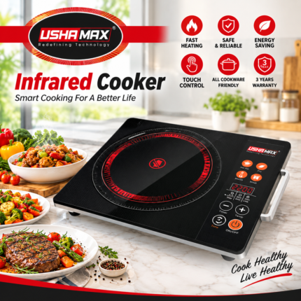 1 Piece Usha Max Infrared Cooker | Black Crystal Glass with Side Carrying Handles & Digital Display | MNK SHOP