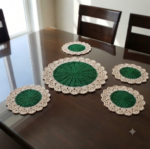 4 Pieces Off White & Green Crochet Table Mat Set 8.5 Inch & 10.5 Inch Handmade Dining Placemat | MNK Shop