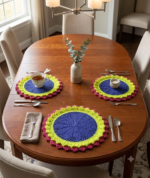 12 Inch Pink, Yellow & Navy Blue Handmade Cotton Crochet Table Mat | Round Dining Placemat | MNK Shop - Image 4