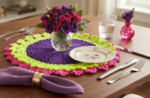 1 Piece 10 Inch Pink, Yellow & Navy Blue Handmade Cotton Crochet Table Mat | Round Dining Placemat | MNK Shop - Image 4